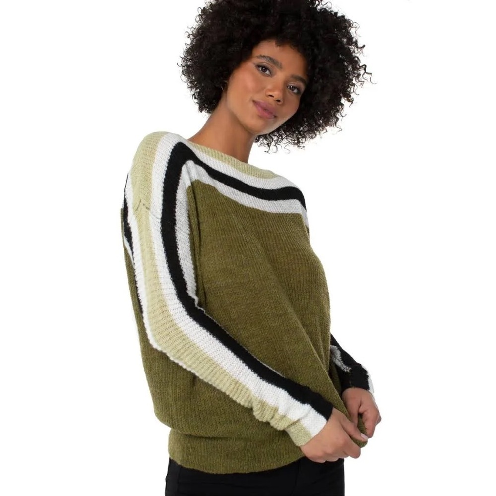 [liverpool] striped open weave oversized dolman sweater olive heather XS